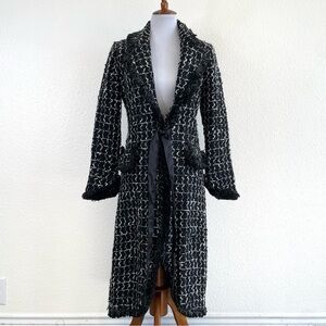 Newport News Long Jacket Wmns 4 Black White Textured Fringe Boho Luxury Quality